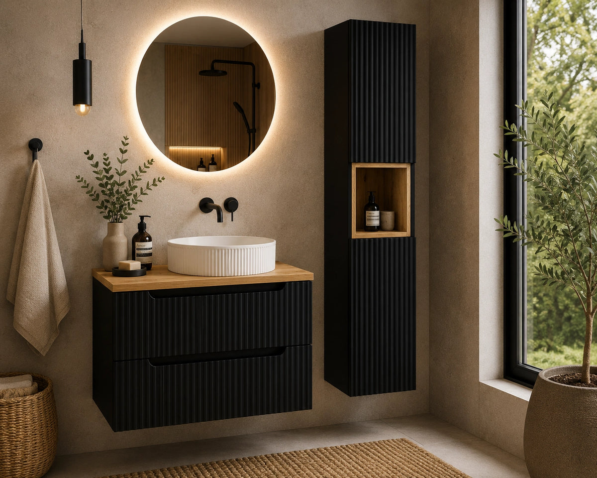 Ensemble salle de bain Nova noir et chêne 80 cm vasque blanche avec colonne