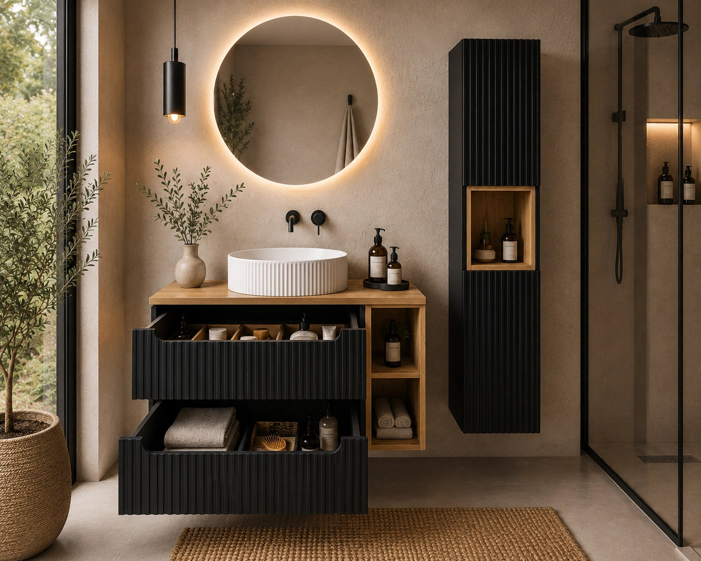 Ensemble salle de bain Nova noir et chêne 100 cm vasque à poser avec colonne