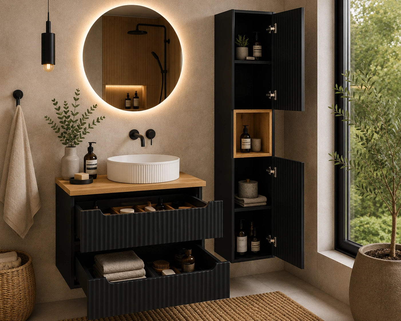 Ensemble salle de bain Nova noir et chêne 80 cm vasque blanche avec colonne