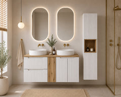 Ensemble salle de bain Nova blanc 140 cm double vasque à poser niche fermée et colonne