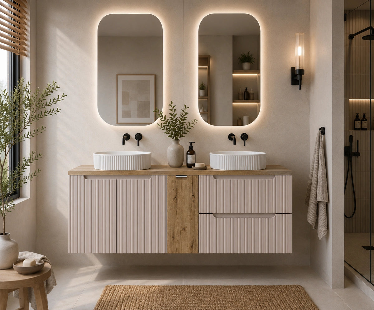 Meuble salle de bain Nova cachemire et chêne 140 cm double vasque niche fermée