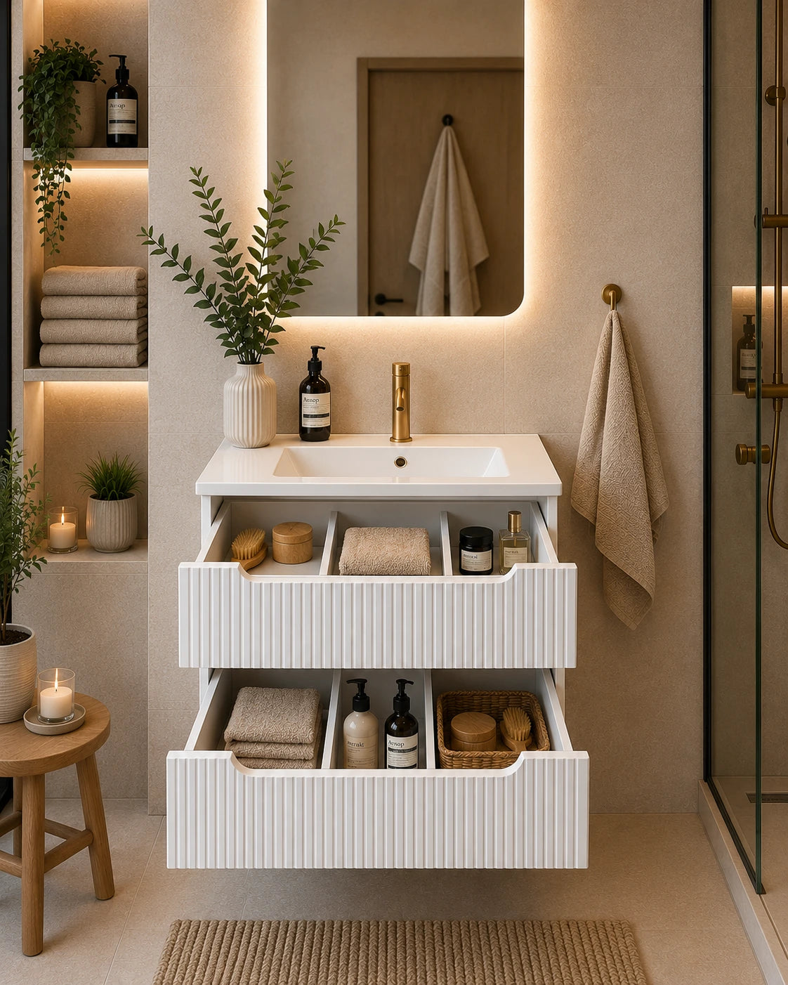 Meuble simple 50 cm avec vasque encastrée et 2 tiroirs Nova blanc