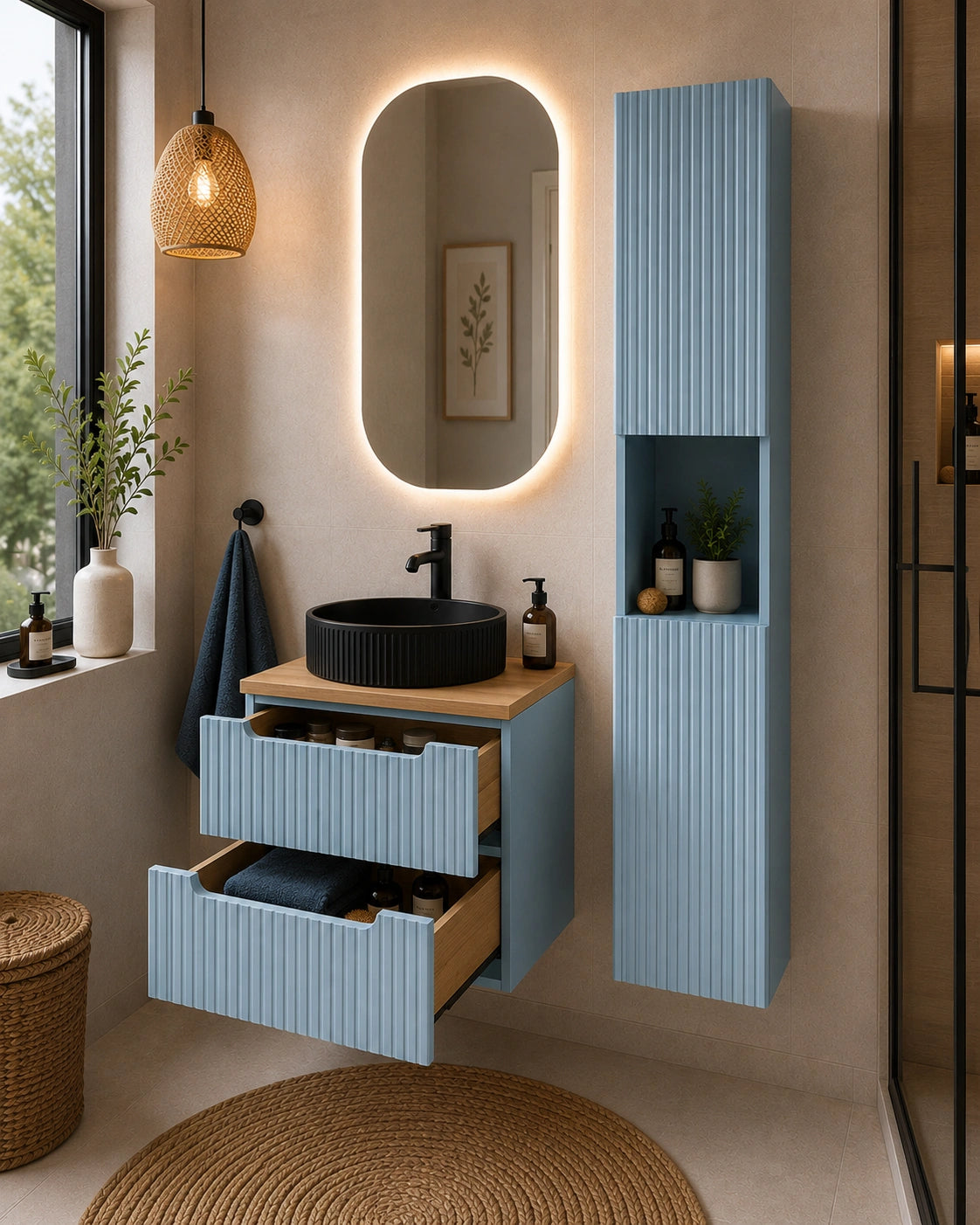 Ensemble salle de bain Nova bleu sky 60 cm vasque noire à poser avec colonne