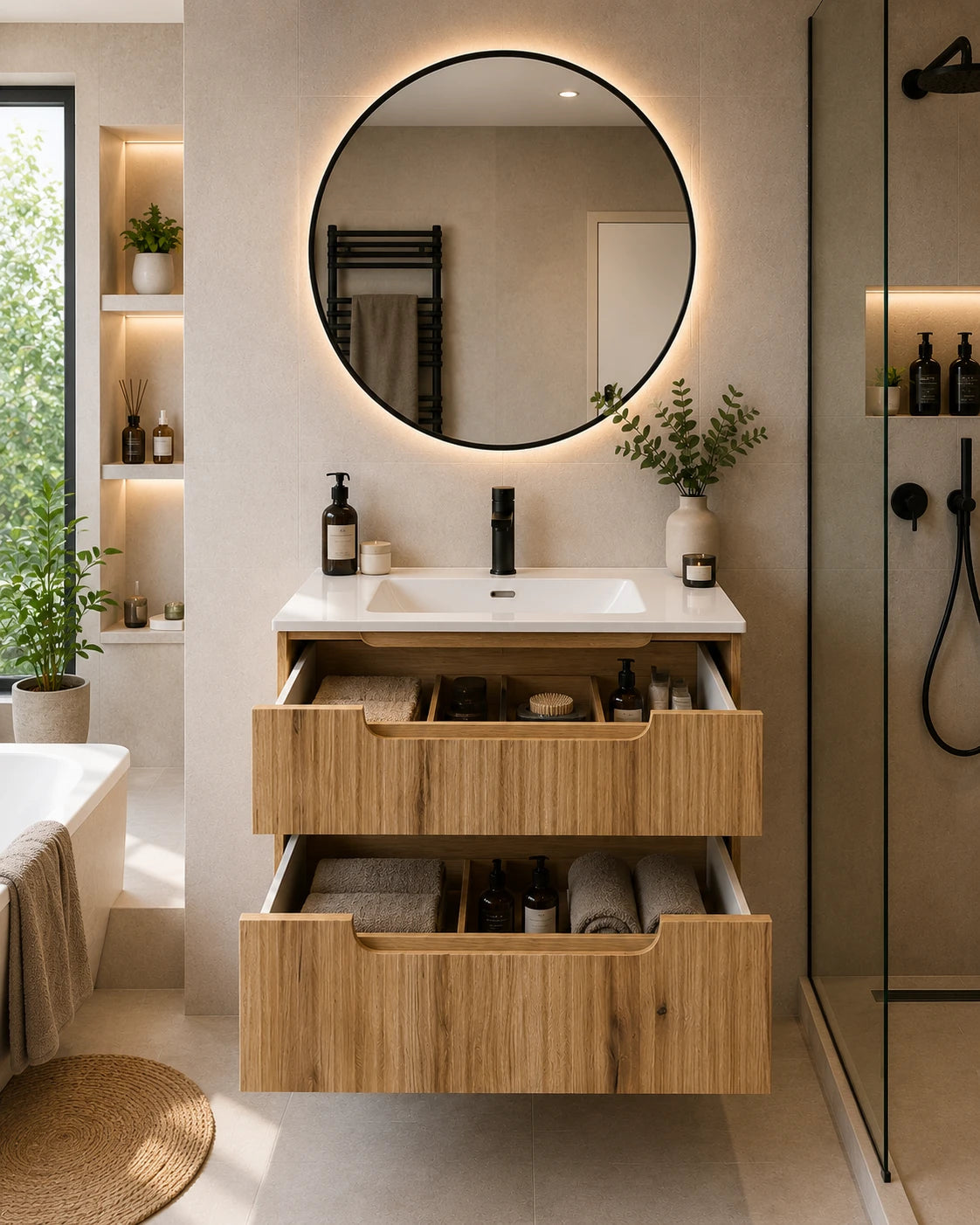 Meuble simple 60 cm avec vasque encastrée et 2 tiroirs Nova chêne naturel