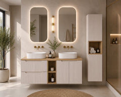 Ensemble salle de bain Nova cachemire et chêne 140 cm double vasque niche ouverte avec colonne