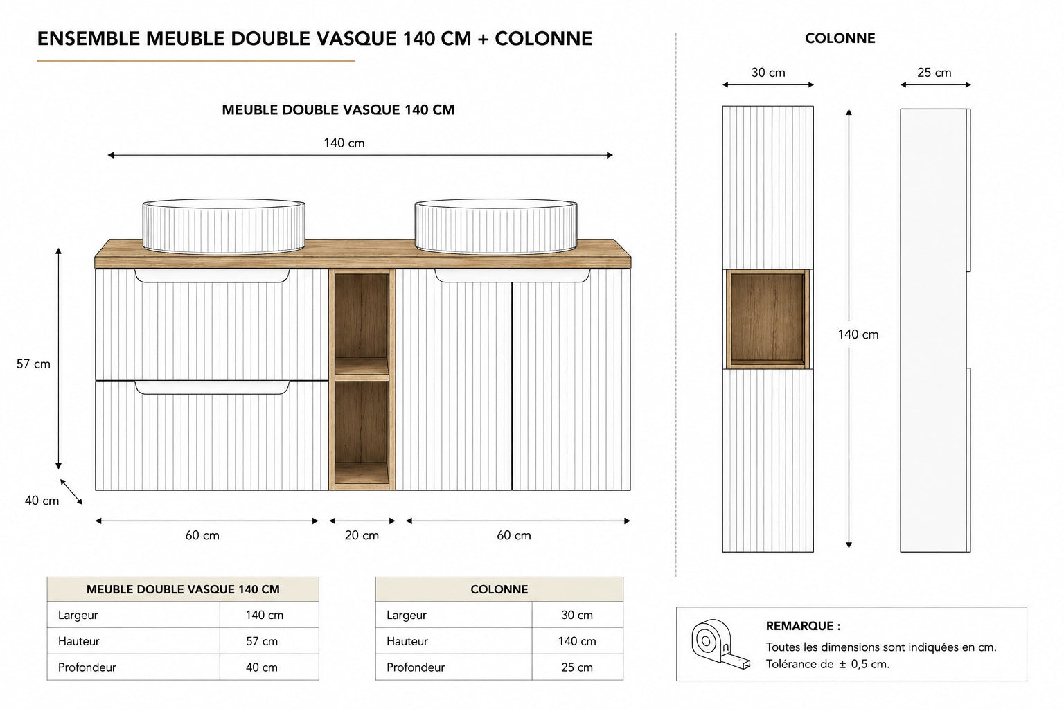 Ensemble salle de bain Nova blanc 140 cm double vasque à poser niche ouverte et colonne