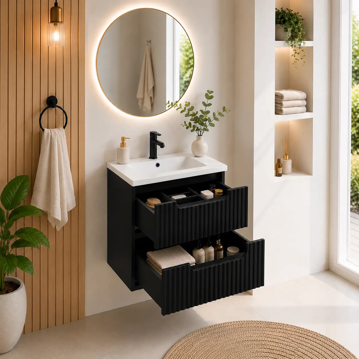 Meuble simple 60 cm avec vasque encastrée et 2 tiroirs Nova noir