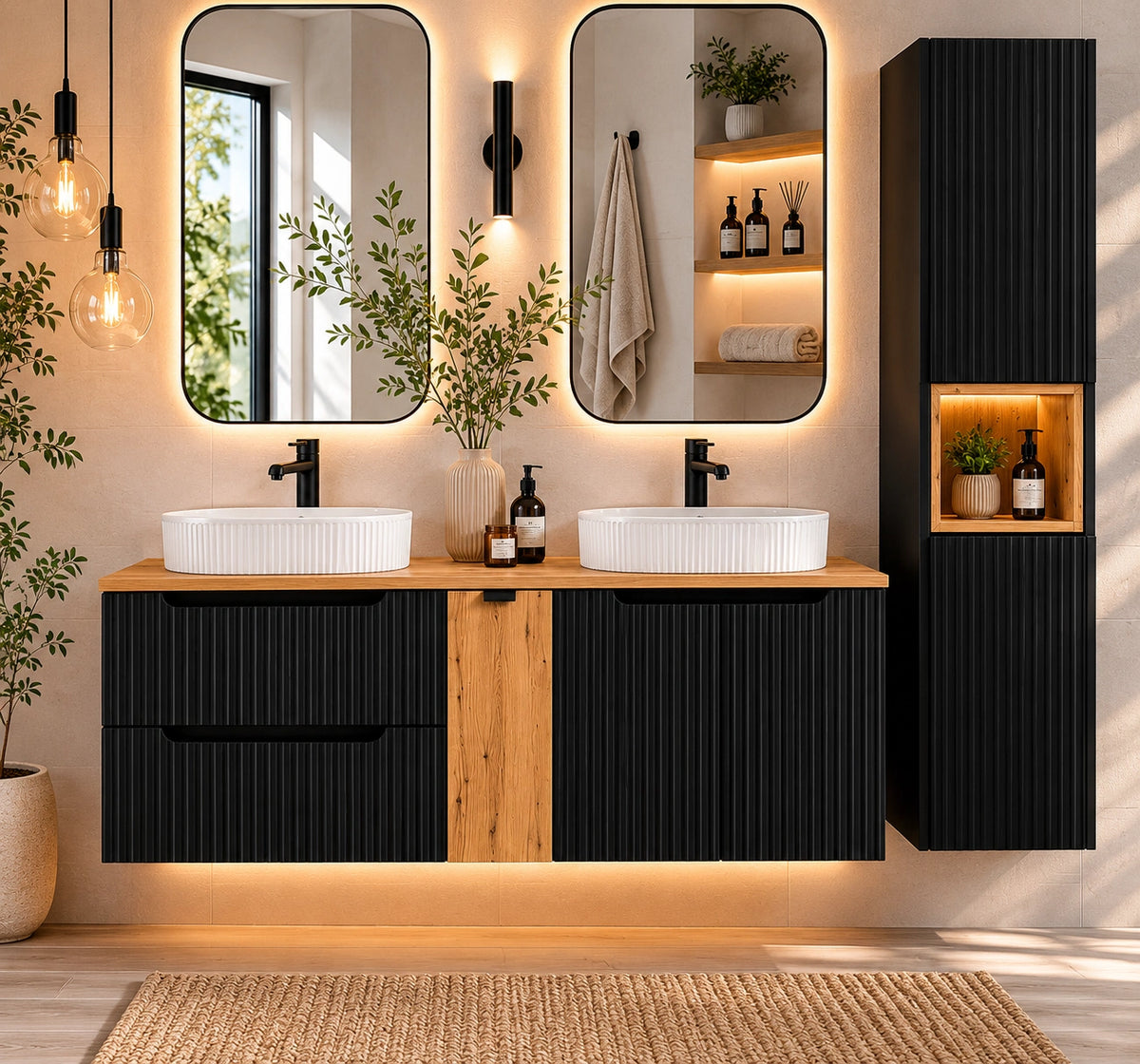 Ensemble salle de bain Nova noir et chêne 140 cm double vasque avec colonne niche fermée