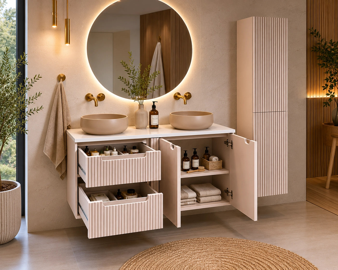 Ensemble salle de bain Nova cachemire 120 cm double vasque beige avec colonne