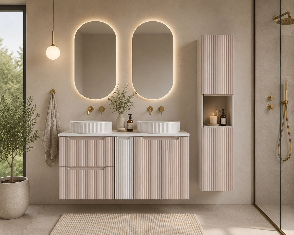 Ensemble salle de bain Nova cachemire et blanc 140 cm double vasque avec colonne