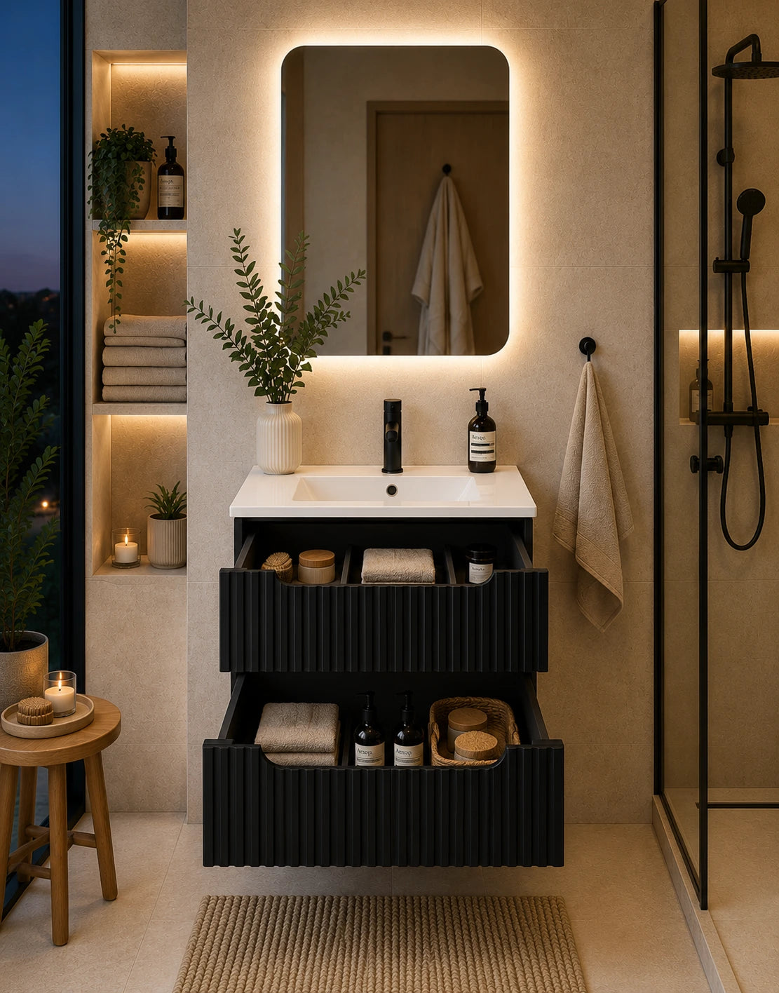 Meuble simple 50 cm avec vasque encastrée et 2 tiroirs Nova noir