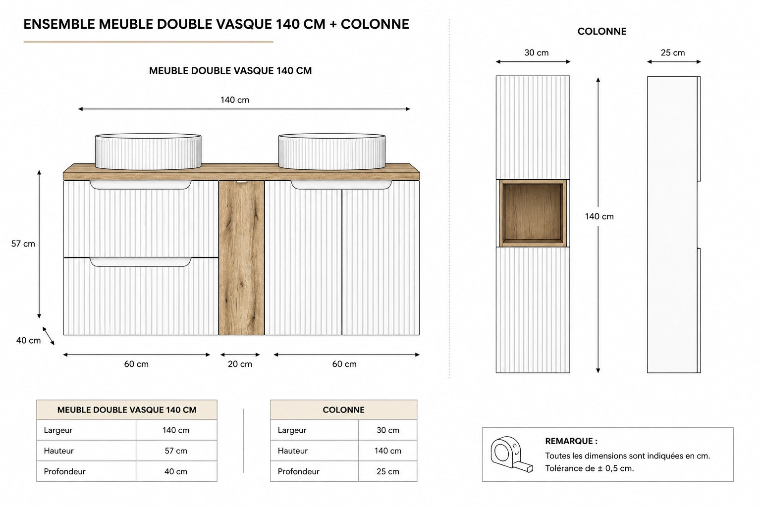 Ensemble salle de bain Nova blanc 140 cm double vasque à poser niche fermée et colonne