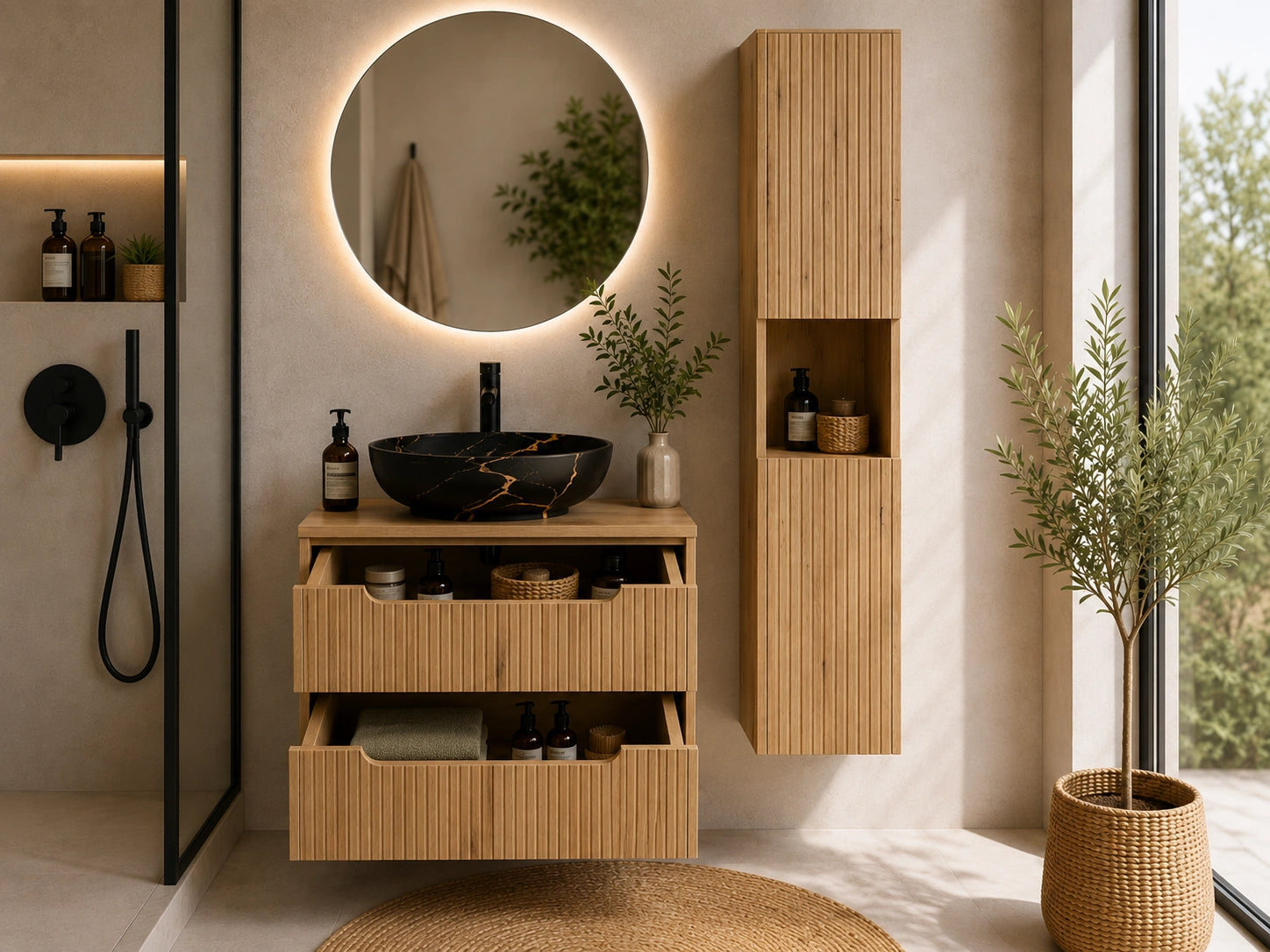 Ensemble salle de bain Nova bois clair 60 cm vasque noire et dorée avec colonne