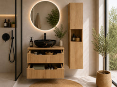 Ensemble salle de bain Nova bois clair 60 cm vasque noire et dorée avec colonne