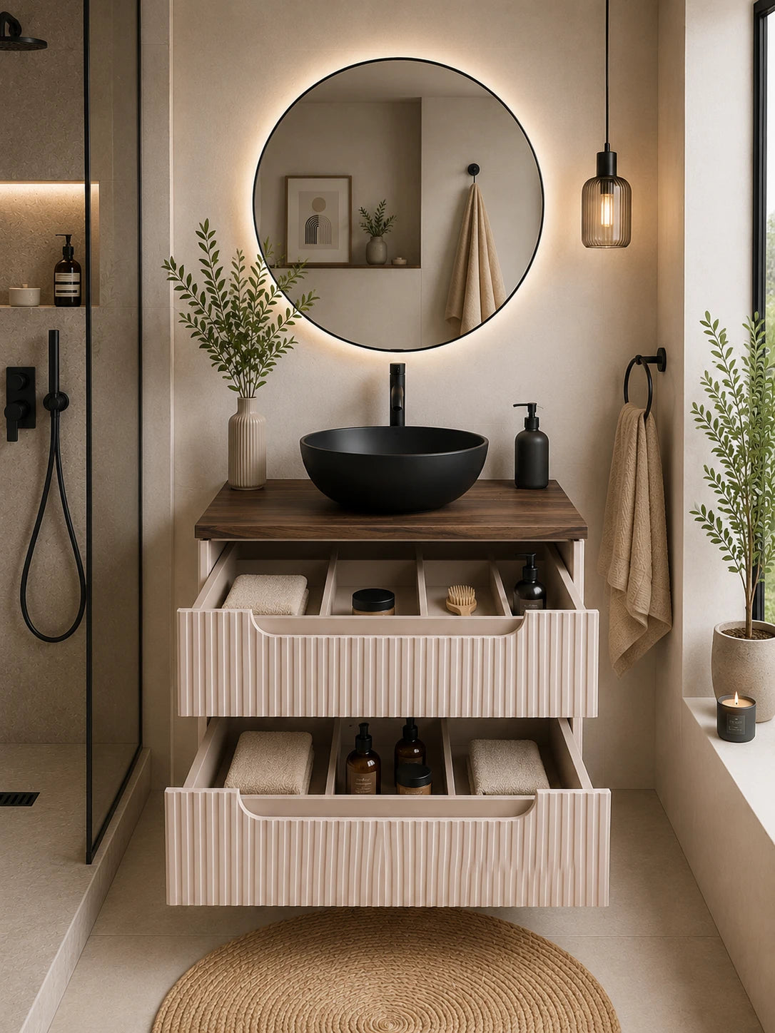 Meuble simple 60 cm avec vasque à poser et 2 tiroirs Nova cachemire