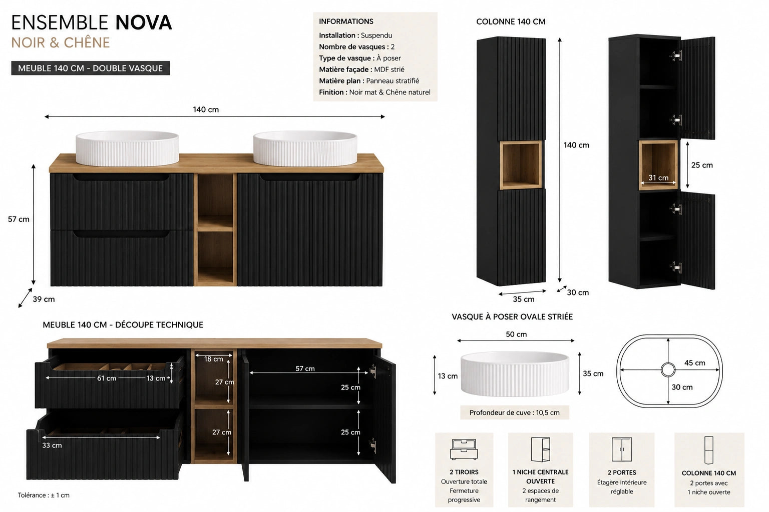 Ensemble salle de bain Nova noir et chêne 140 cm double vasque avec colonne niche ouverte