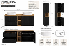 Ensemble salle de bain Nova noir et chêne 140 cm double vasque avec colonne niche ouverte