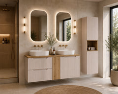 Ensemble salle de bain Nova cachemire et chêne 140 cm double vasque avec colonne