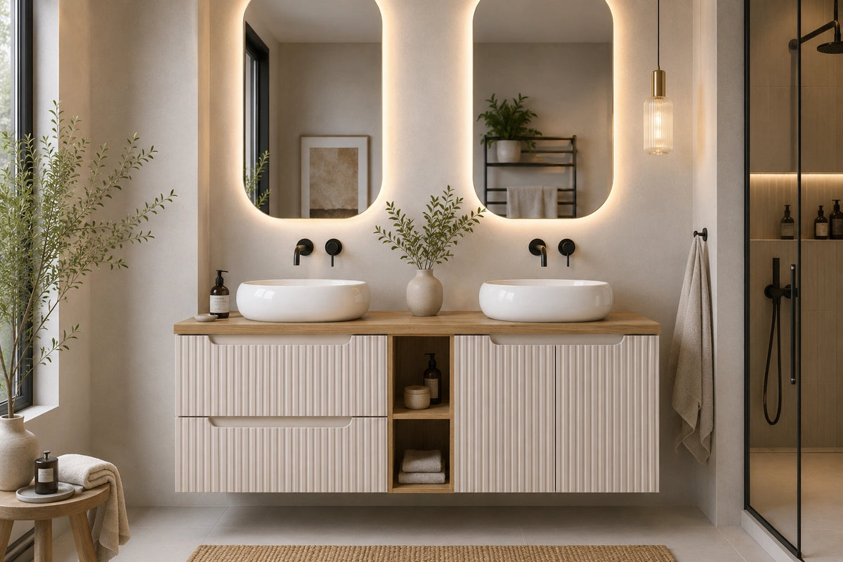 Meuble salle de bain Nova cachemire et chêne 140 cm double vasque niche ouverte