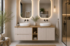 Meuble salle de bain Nova cachemire et chêne 140 cm double vasque niche ouverte