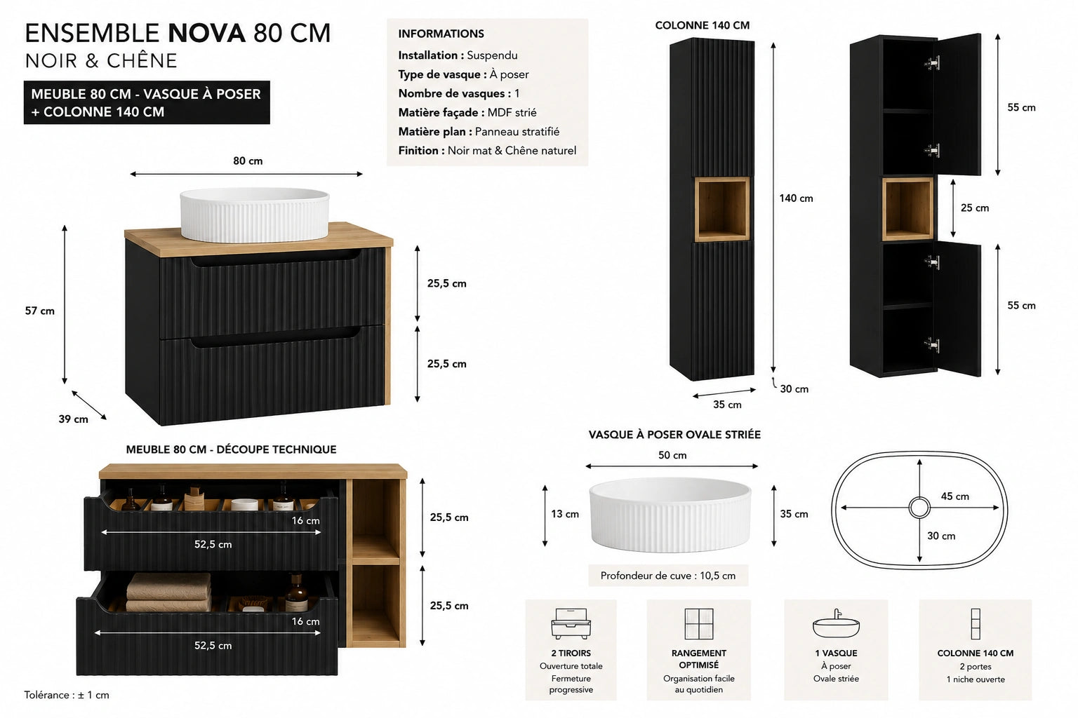 Ensemble salle de bain Nova noir et chêne 80 cm vasque blanche avec colonne