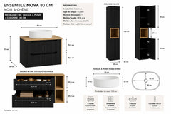 Ensemble salle de bain Nova noir et chêne 80 cm vasque blanche avec colonne