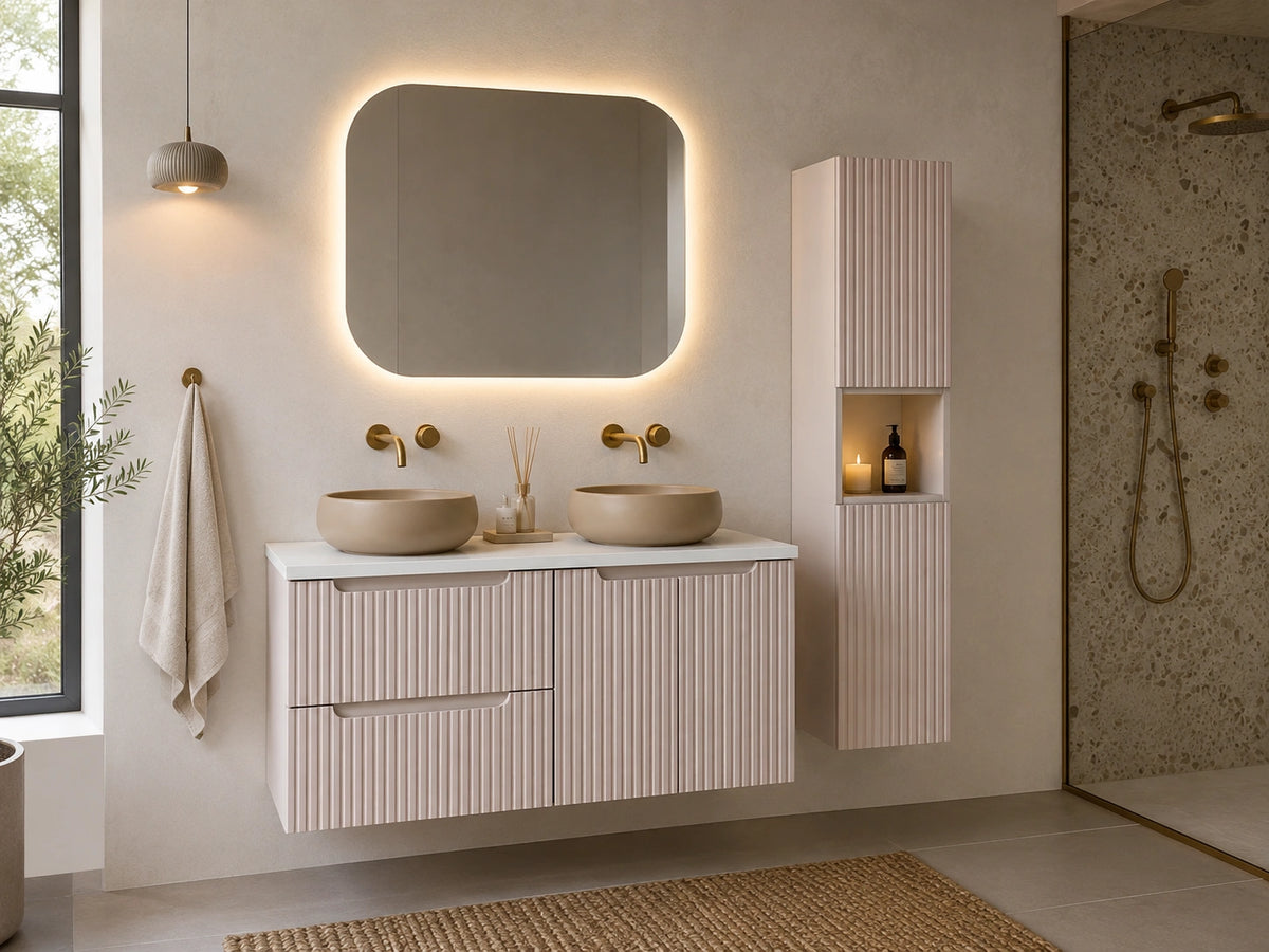 Ensemble salle de bain Nova cachemire 120 cm double vasque beige avec colonne