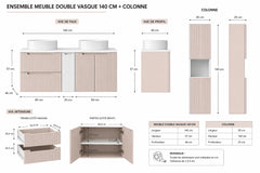 Ensemble salle de bain Nova cachemire et blanc 140 cm double vasque avec colonne