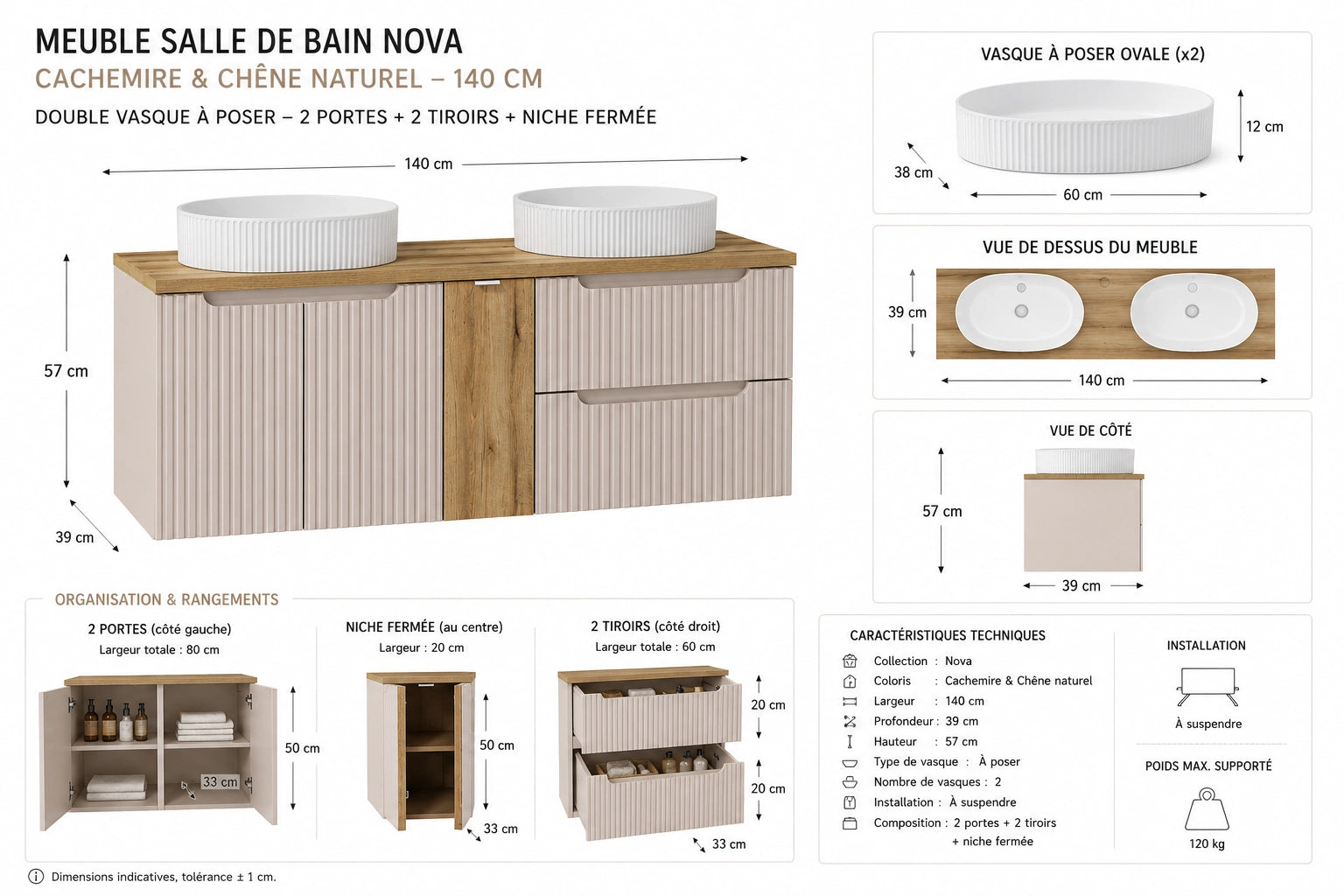 Meuble salle de bain Nova cachemire et chêne 140 cm double vasque niche fermée
