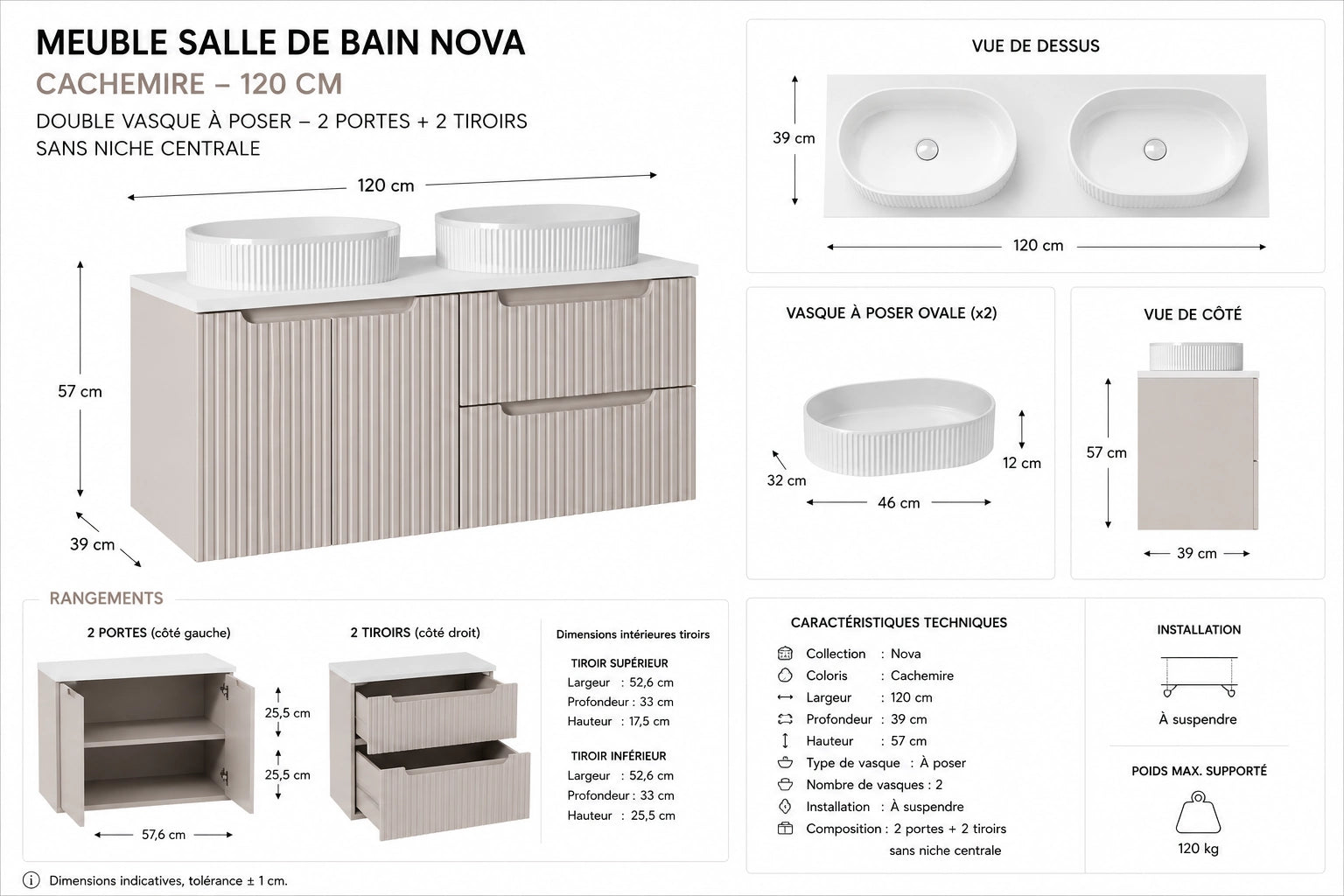 Meuble salle de bain Nova cachemire 120 cm double vasque à poser