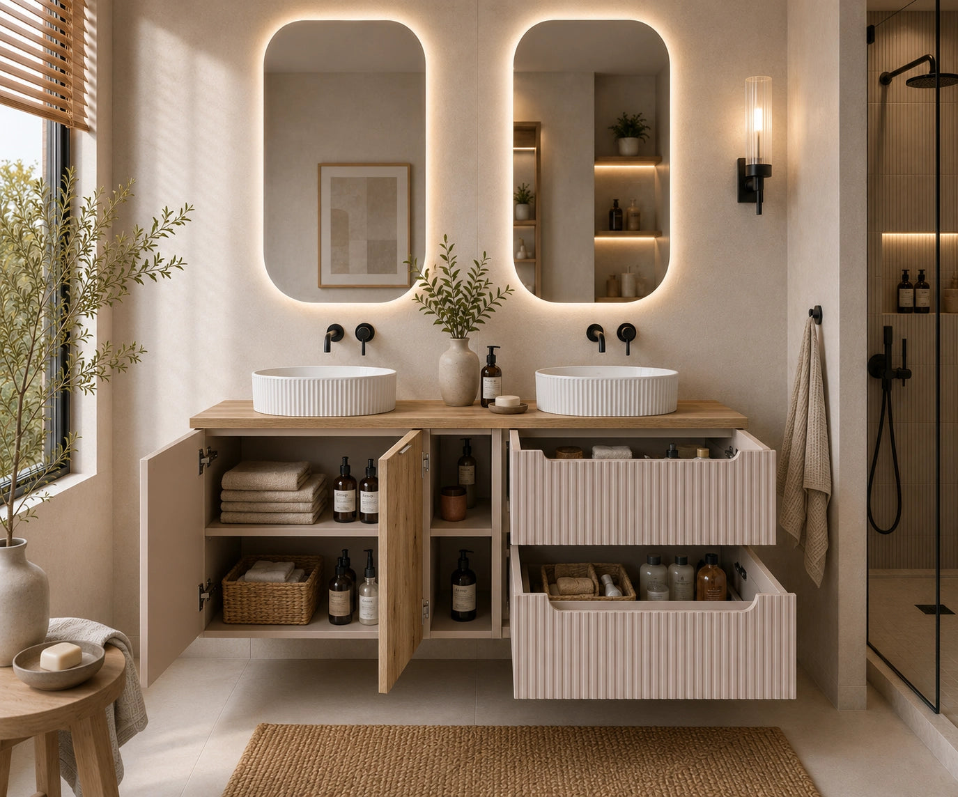 Meuble salle de bain Nova cachemire et chêne 140 cm double vasque niche fermée