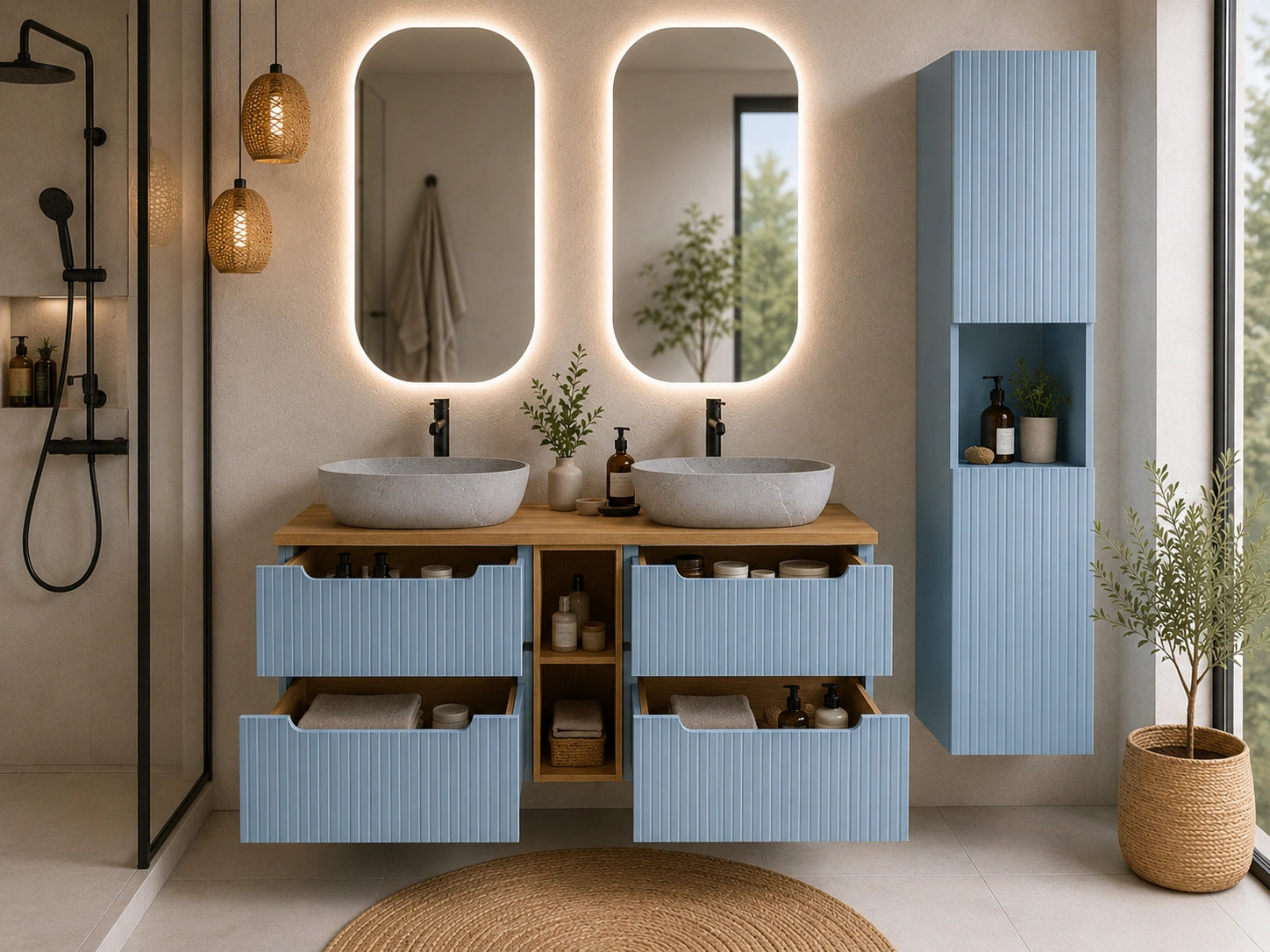 Ensemble salle de bain Nova bleu sky 140 cm double vasque gris céramique avec colonne