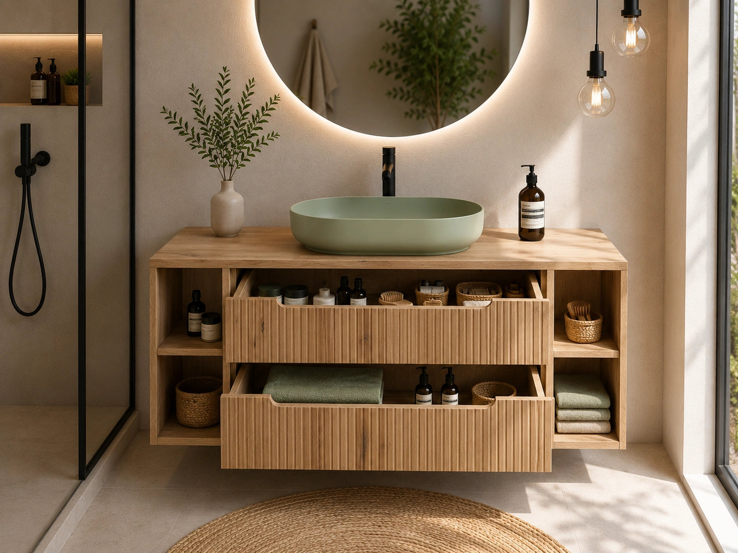 Meuble salle de bain Nova bois clair 120 cm avec vasque River vert sauge