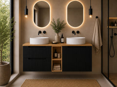 Meuble salle de bain Nova noir et chêne 140 cm double vasque niche ouverte