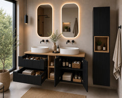 Ensemble salle de bain Nova noir et chêne 140 cm double vasque avec colonne niche ouverte