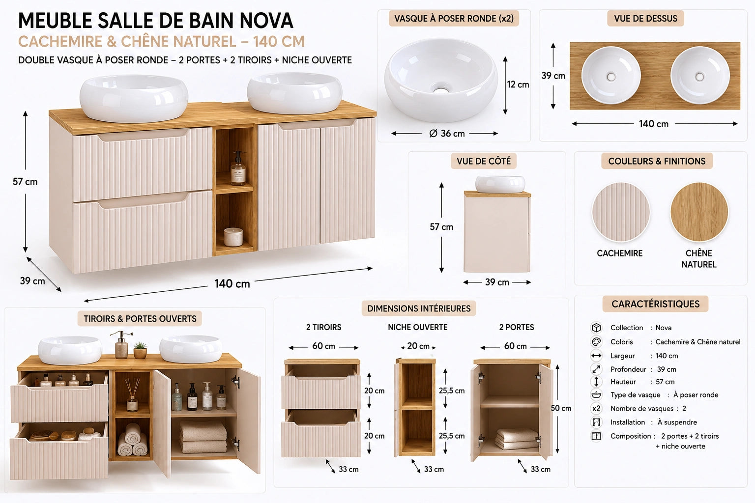Meuble salle de bain Nova cachemire et chêne 140 cm double vasque niche ouverte