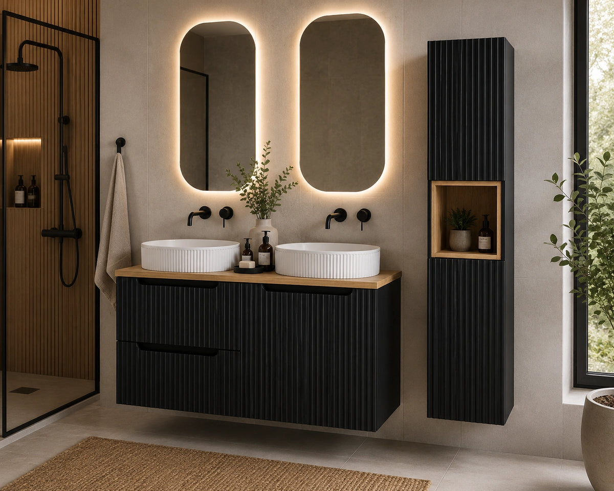 Ensemble salle de bain Nova noir et chêne 120 cm double vasque avec colonne