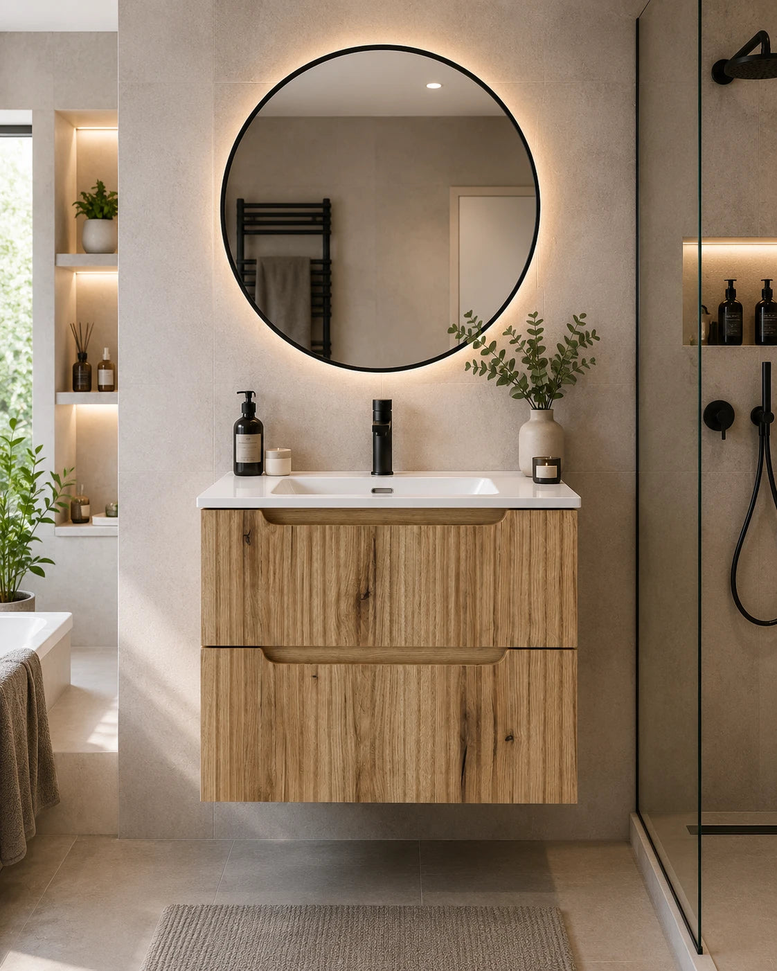 Meuble simple 60 cm avec vasque encastrée et 2 tiroirs Nova chêne naturel