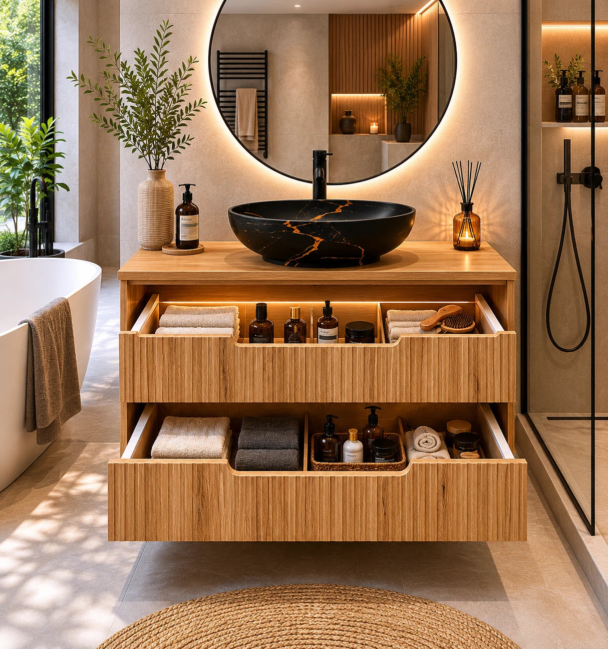 Meuble simple 60 cm avec vasque à poser et 2 tiroirs Nova chêne naturel