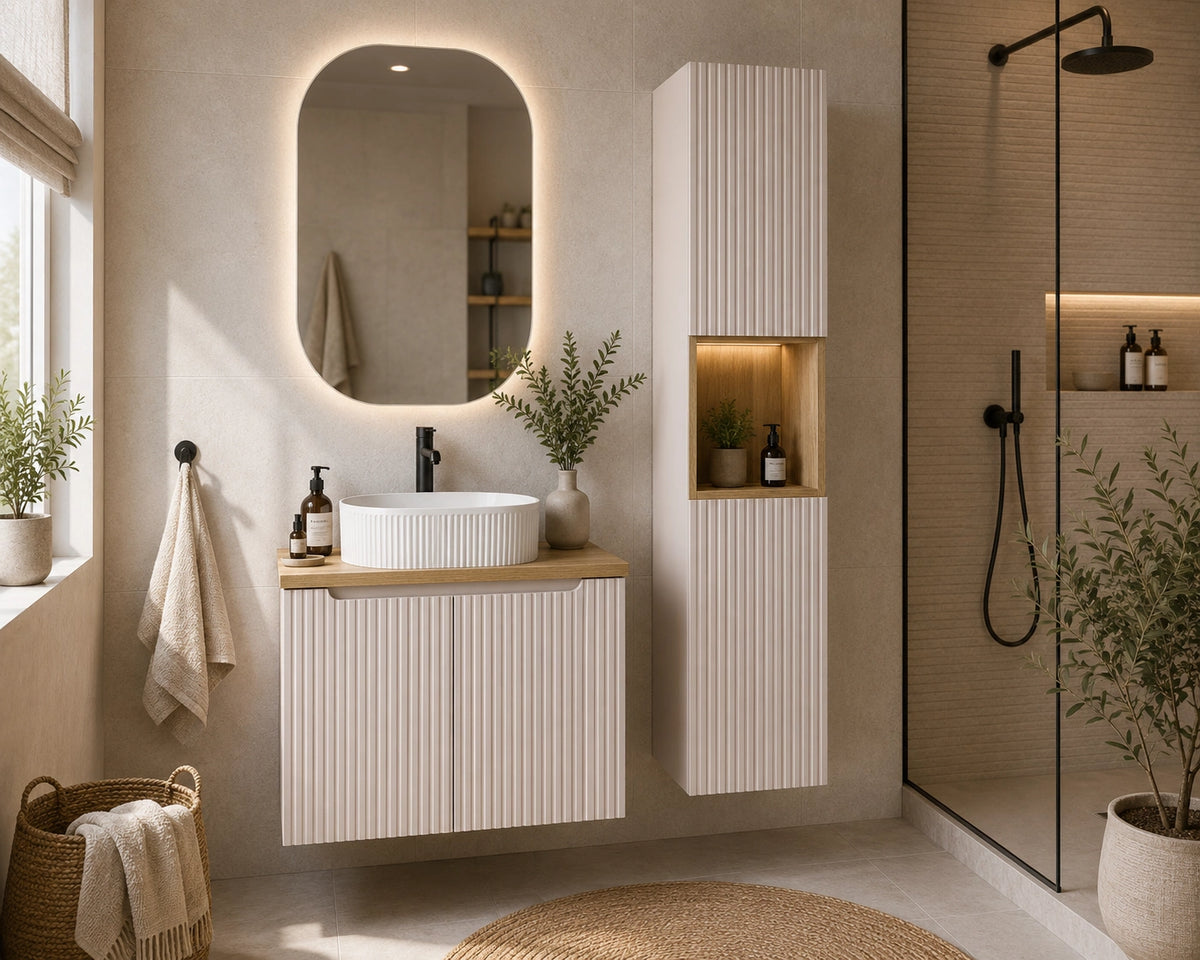 Ensemble salle de bain Nova cachemire et chêne 80 cm 2 portes avec vasque et colonne