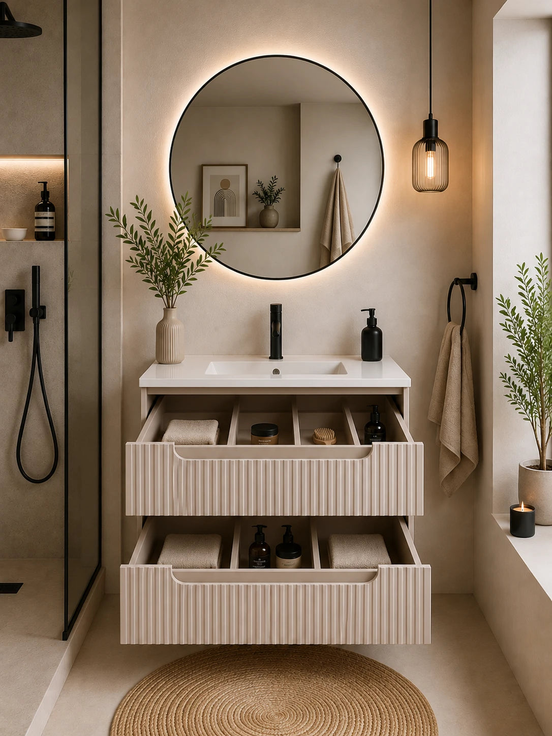 Meuble simple 60 cm avec vasque encastrée et 2 tiroirs Nova cachemire
