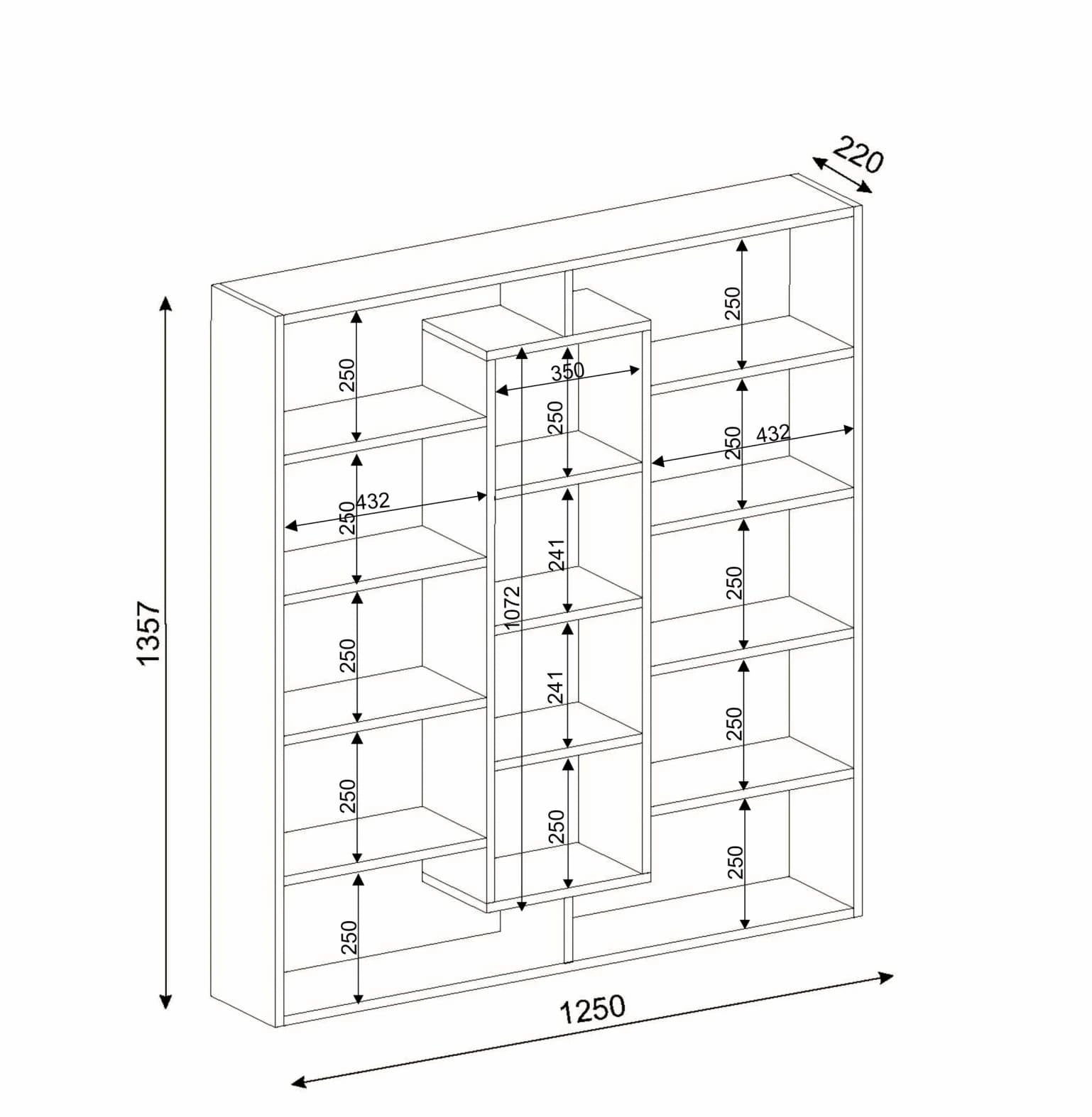 Schéma technique de la bibliothèque bois et blanc, avec toutes les dimensions détaillées : largeur 125 cm, hauteur 135,7 cm, profondeur 22 cm.