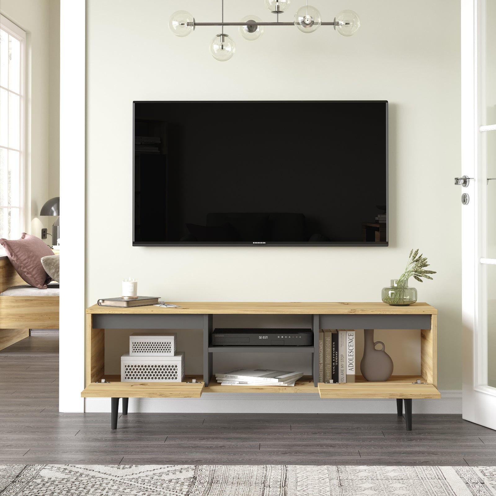 Bois clair-Vue avant du meuble TV Azura présentant un design moderne et minimaliste