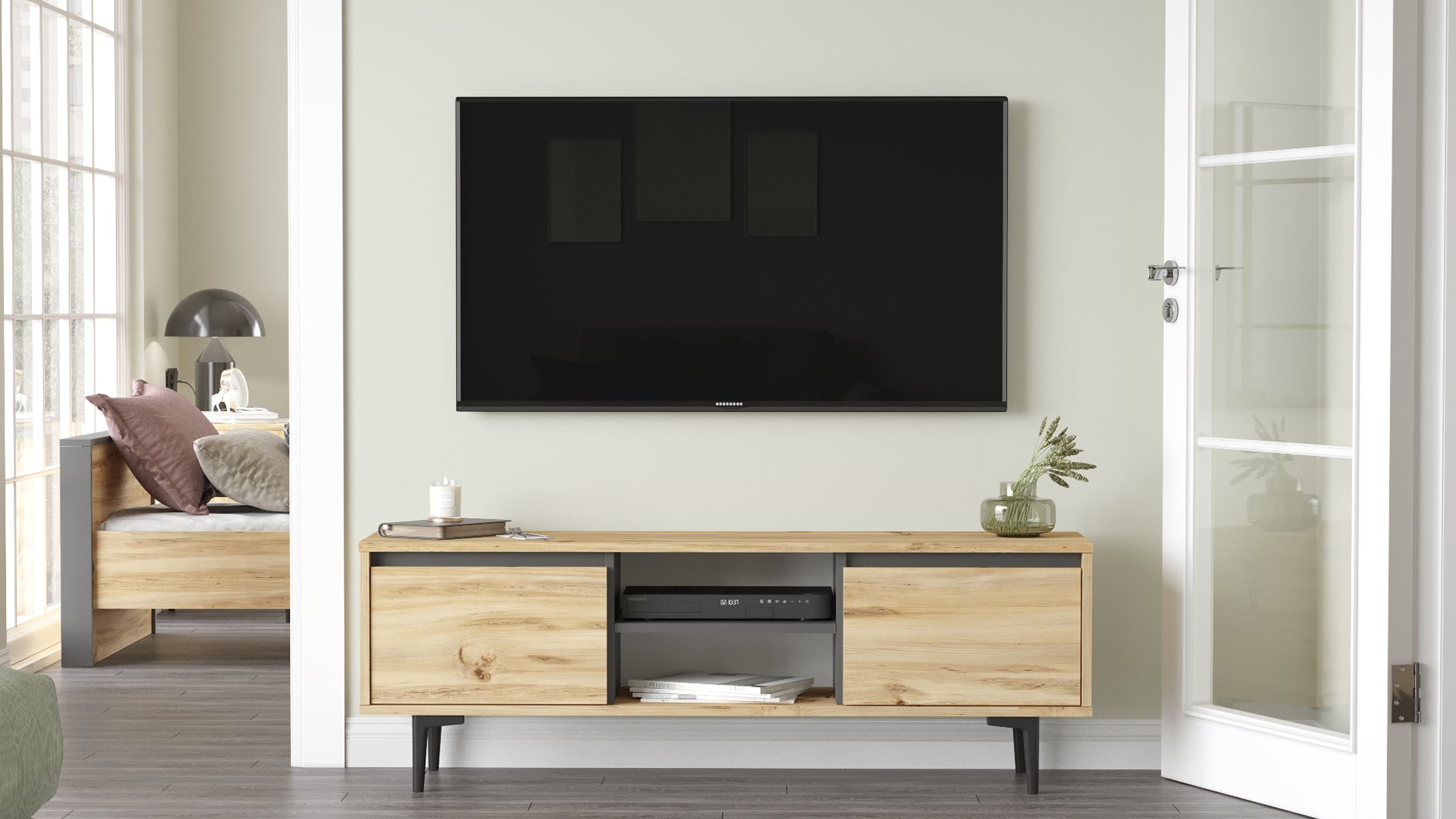 Bois clair-Vue avant du meuble TV Azura présentant un design moderne et minimaliste