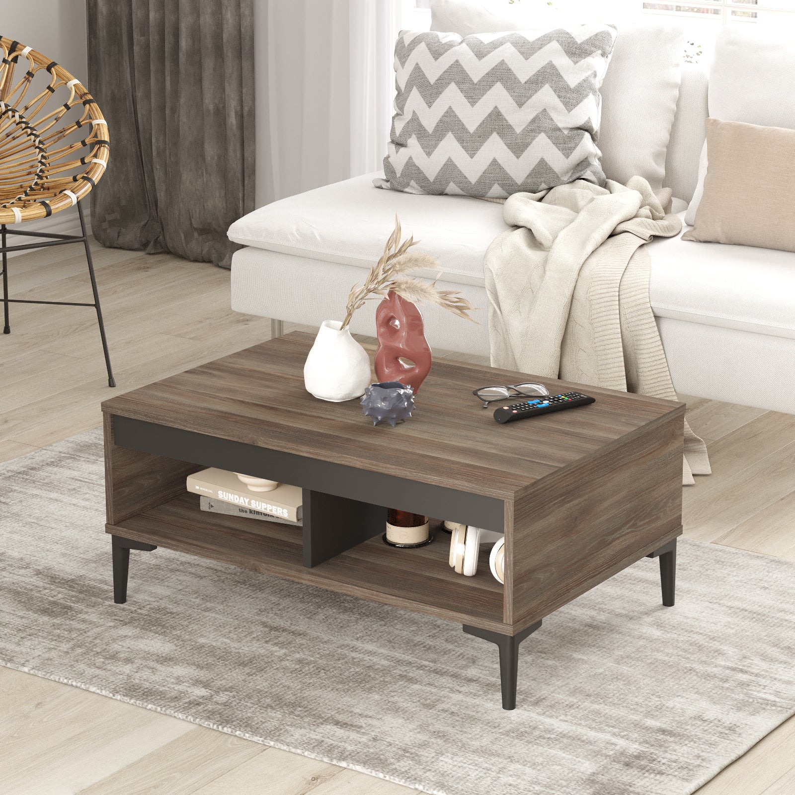 Table basse élégante 'ALIZÉ' bois foncé avec rangement parfaite pour les salons contemporains