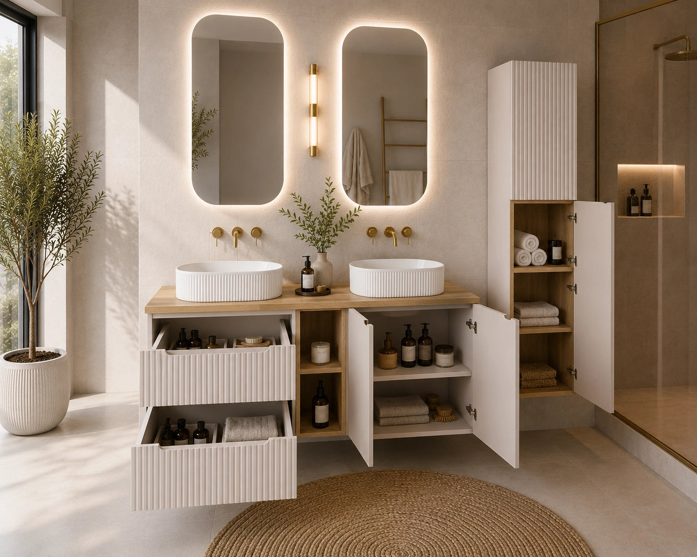 Ensemble salle de bain Nova cachemire et chêne 140 cm double vasque niche ouverte avec colonne