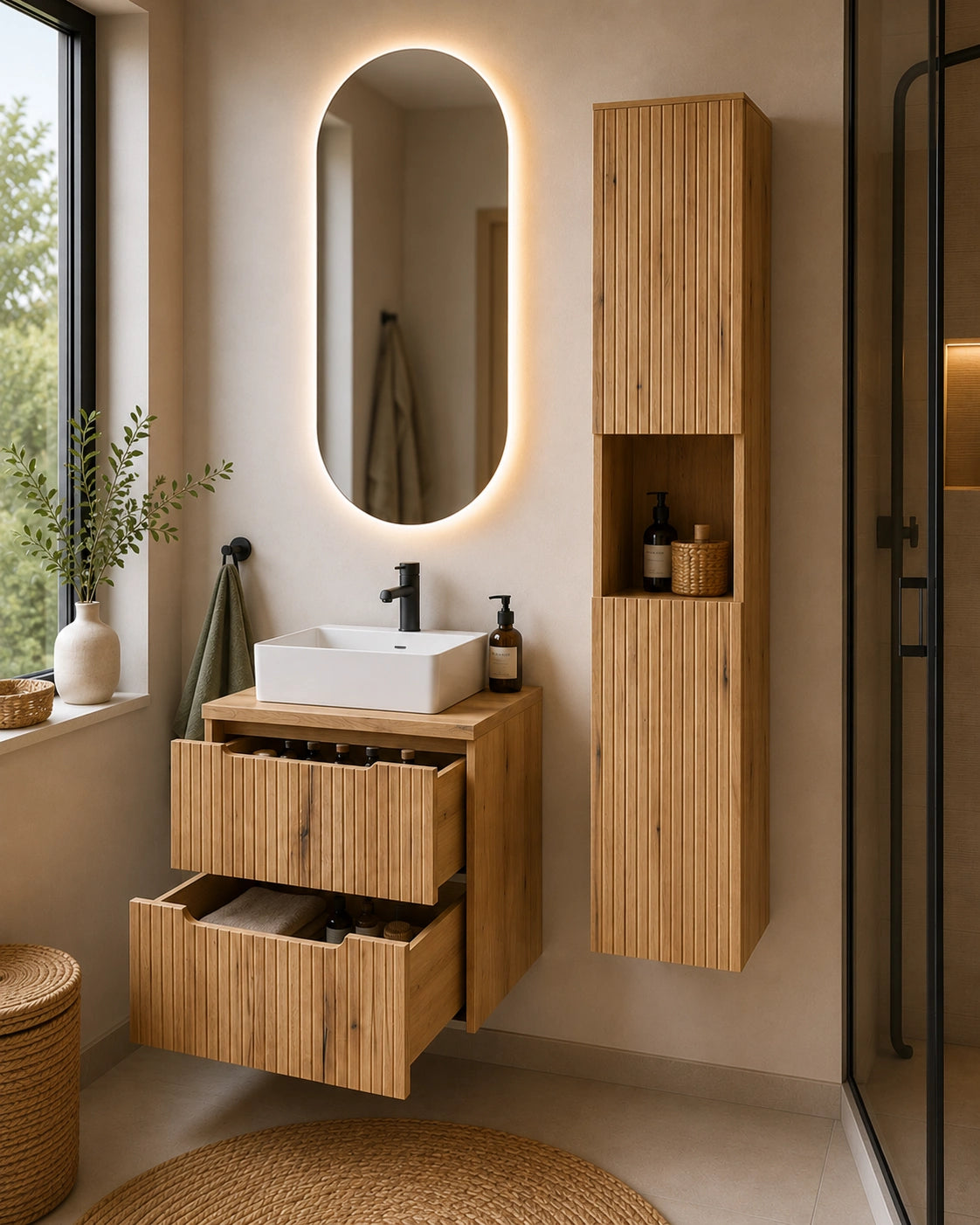Ensemble salle de bain Nova bois clair 50 cm vasque blanche avec colonne