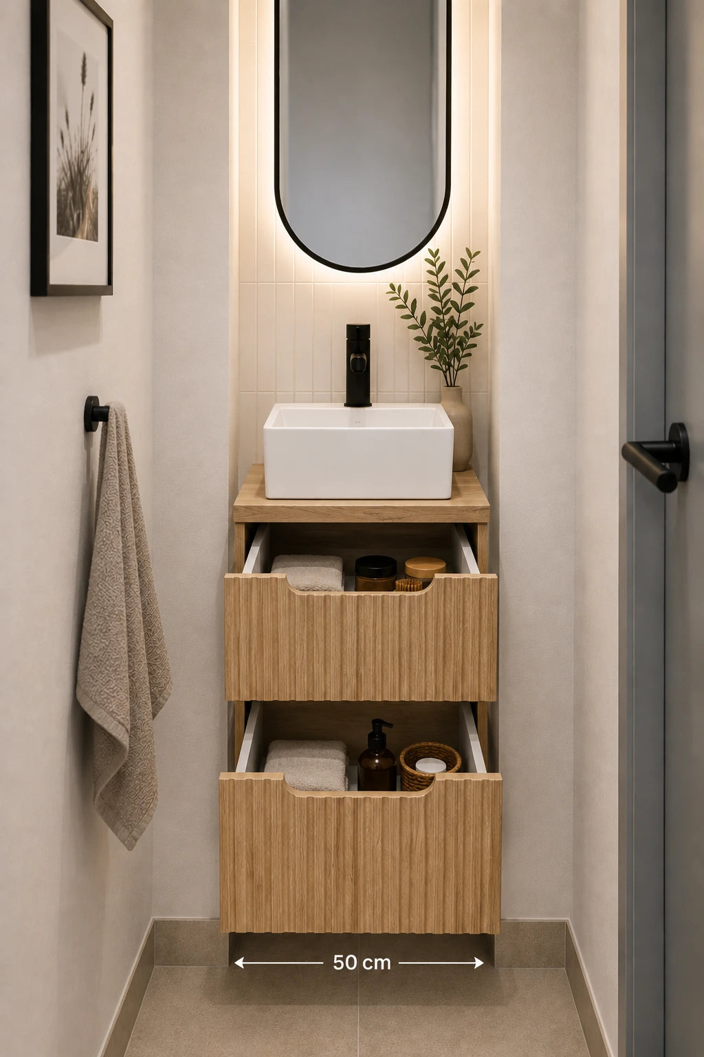 Meuble simple 50 cm avec vasque à poser et 2 tiroirs Nova chêne naturel