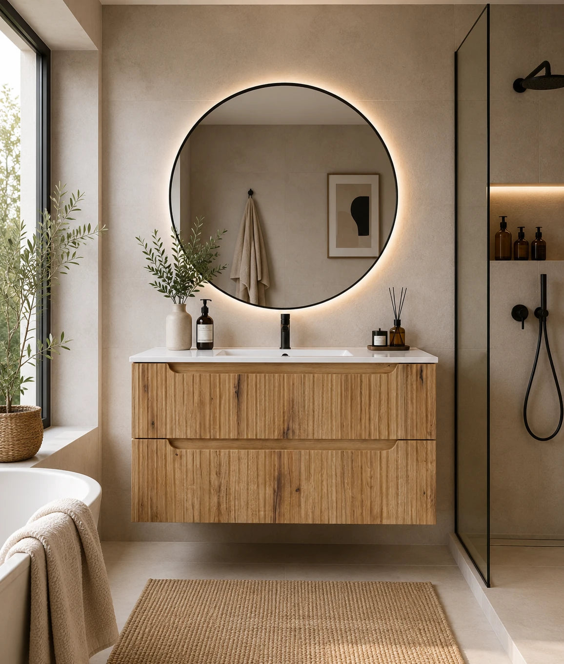 Meuble simple 80 cm avec vasque encastrée et 2 tiroirs Nova chêne naturel