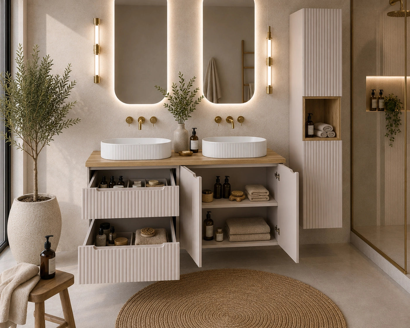 Ensemble salle de bain Nova cachemire 120 cm double vasque blanche avec colonne